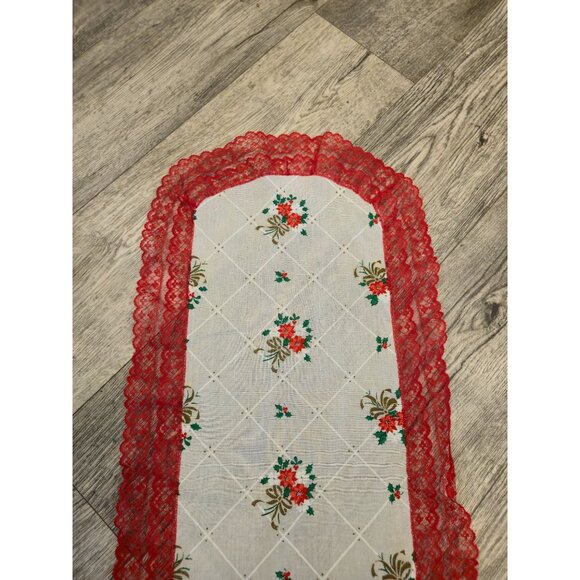 Vintage Christmas Lace Table runner Poinsettia Gold bows Handmade table decor - Picture 6 of 9